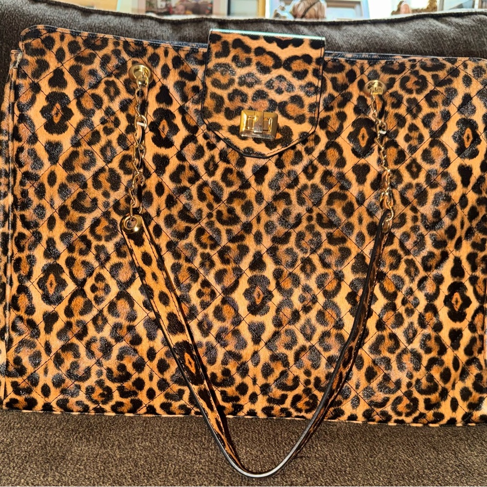 Leopard Print Quilted Tote Bag with Gold Chain Straps